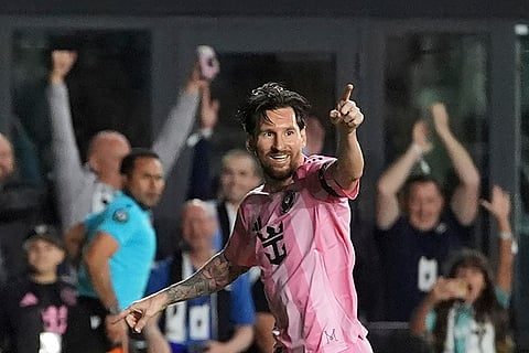 CONCACAF Champions Cup: Inter Miami forward Lionel Messi celebrates scoring his side's first goal