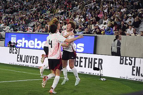 SheBelieves Cup Final US vs Japan: Japan defender Toko Koga celebrates with teammates after scoring