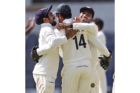 Ranji Trophy Final: Kerala's players celebrate a wicket