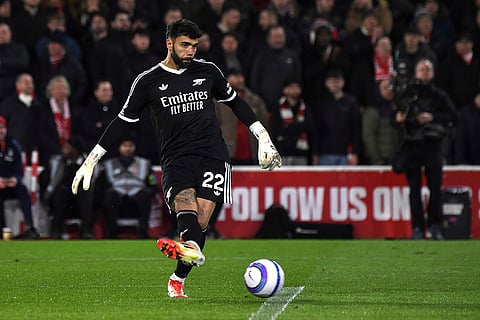 EPL 2024-25: Arsenal's goalkeeper David Raya kicks the ball