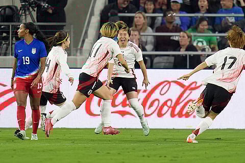 SheBelieves Cup Final US vs Japan: Japan midfielder Yuka Momiki celebrates with teammates after scoring a goal