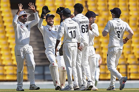 Ranji Trophy Final: Kerala's MD Nidheesh celebrates after taking the wicket of Vidarbha's Parth Rekhade