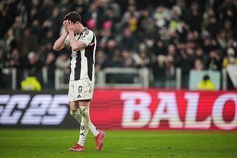 Coppa Italia Quarter-final: Juventus' Dusan Vlahovic reacts after missing his kick