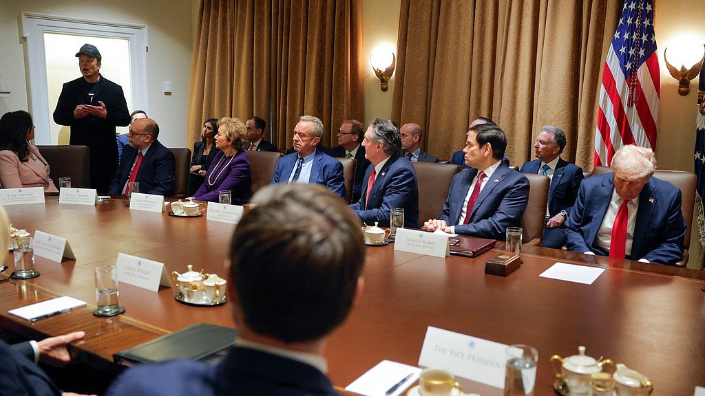 AP : Elon Musk speaks as President Donald Trump holds a Cabinet meeting at the White House in Washington, Tuesday, Feb. 26, 2025.