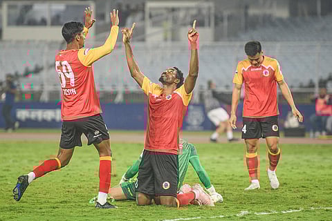 ISL2024-25, EBFC vs HFC: Raphael Eric Messi Bouli of East Bengal FC celebrates his goal