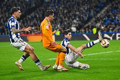 Copa del Rey, RSO vs RMA: Real Madrid's Brahim Diaz challenges for the ball with Real Sociedad's Aritz Elustondo