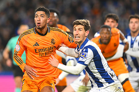 Copa del Rey, RSO vs RMA: Real Madrid's Jude Bellingham and Real Sociedad's Aihen Munoz in action
