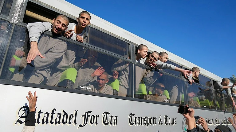 Freed Palestinian detainees are greeted after being released from an Israeli prison following a ceasefire agreement between Hamas and Israel in Khan Younis, Gaza Strip, Thursday, Feb. 27, 2025. - AP