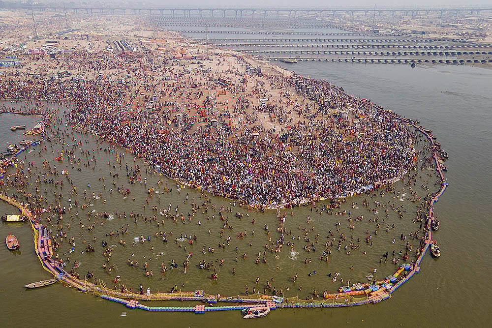 | Photo: PTI : Maha Kumbh 2025: A drone shot of devotees gathered at the Sangam