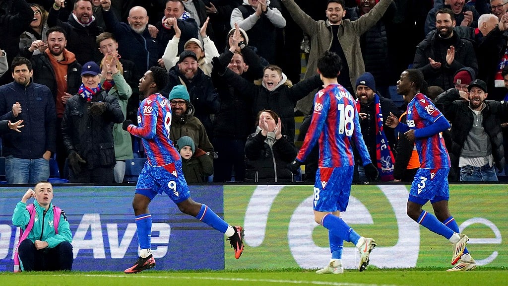 AP : Crystal Palace's Eddie Nketiah, left, celebrates scoring a goal with teammates during an English Premier League match against Aston Villa.