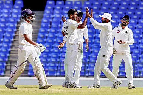 Ranji Trophy Final, VIDAR vs KER-Day 2: Kerala's Basil N P celebrate after taking wicket of Vidarbha's Danish Malewar