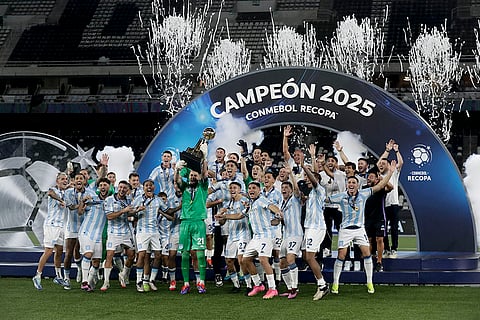 Recopa Sudamericana 2025 Final: Argentina's Racing Club celebrate with the Recopa Sudamericana trophy