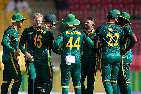 Champions Trophy 2025, RSA Vs ENG: South Africa's Keshav Maharaj celebrates after the dismissal of England's Liam Livingstone