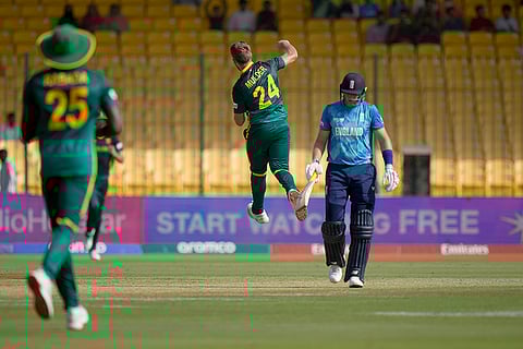 Champions Trophy 2025, RSA Vs ENG: South Africa's Wiaan Mulder celebrates after taking the wicket of England's Joe Root