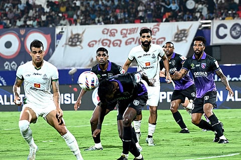 ISL 2024-25, OFC Vs MSC: Odisha FC player connects a header in the crowded area