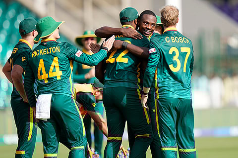 Champions Trophy 2025, RSA Vs ENG: South Africa's Kagisco Rabada celebrates after taking the wicket of England's Jamie Overton