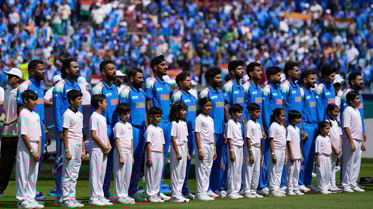  (AP Photo/Altaf Qadri)
 : Players of India stands for their national anthem before the start of ICC Champions Trophy cricket match between India and Pakistan at Dubai International Cricket Stadium, United Arab Emirates, Sunday, Feb. 23, 2025.

