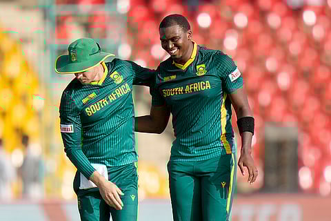 Champions Trophy 2025, RSA Vs ENG: South Africa's Wiaan Mulder celebrates after the dismissal of England's Jos Buttler