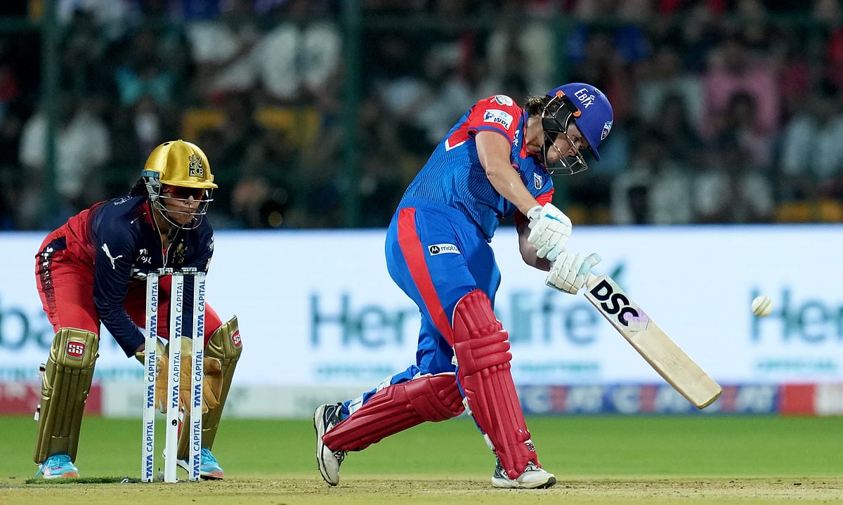 (PTI Photo/Shailendra Bhojak) : Bengaluru: Delhi Capitals' batter Jess Jonassen plays a shot during the Women's Premier League (WPL) 2025 cricket match between Royal Challengers Bengaluru and Delhi Capitals, at M Chinnaswamy Stadium, in Bengaluru, Karnataka, Saturday, March 1, 2025. 