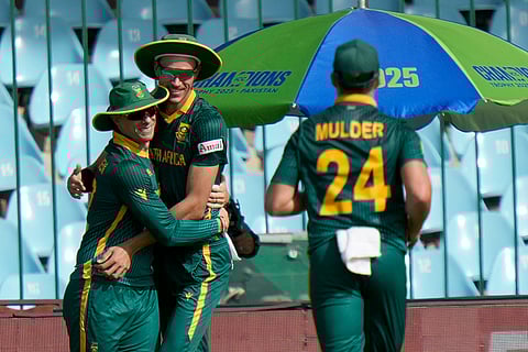 Champions Trophy 2025, RSA Vs ENG: South Africa's Marco Jansen celebrates after taking the catch of England's Harry Brook