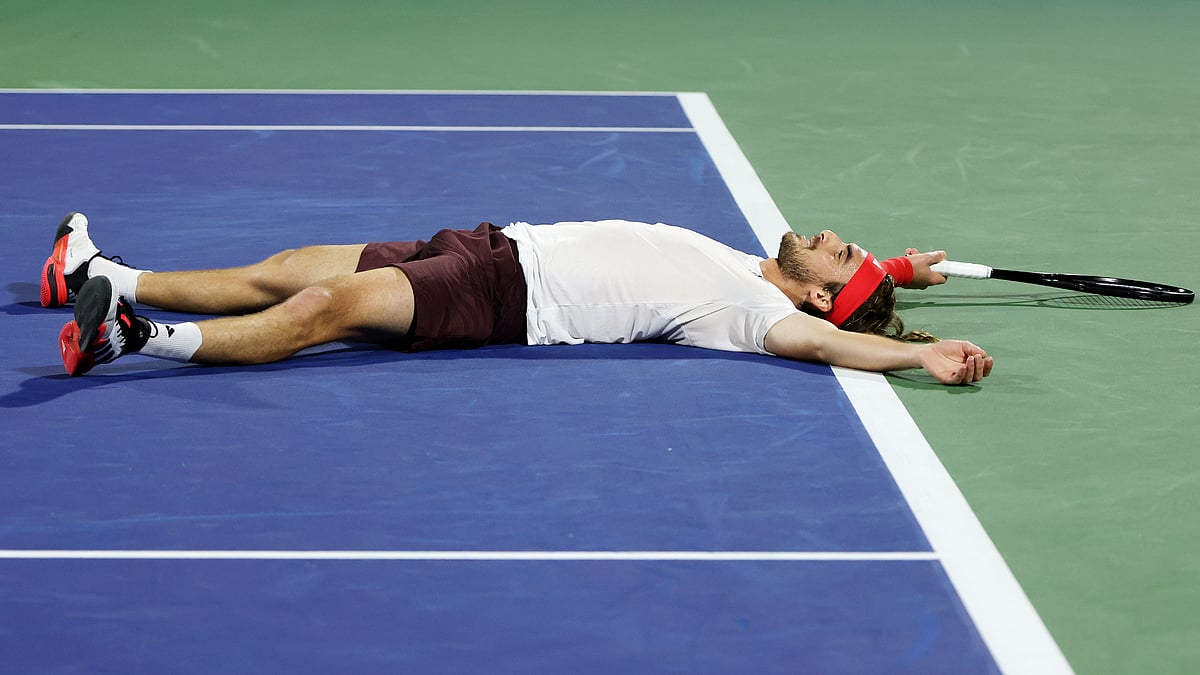 Stefanos Tsitsipas celebrates his win at the Dubai Tennis Championships