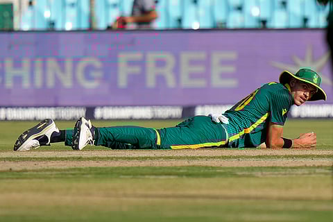 Champions Trophy 2025, RSA Vs ENG: South Africa's Marco Jansen reacts after taking the catch of England's Jofra Archer 