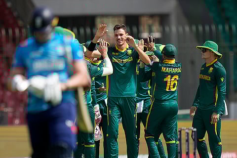 Champions Trophy 2025, RSA Vs ENG: South Africa's Marco Jansen celebrates after taking the wicket of England's Jamie Smith