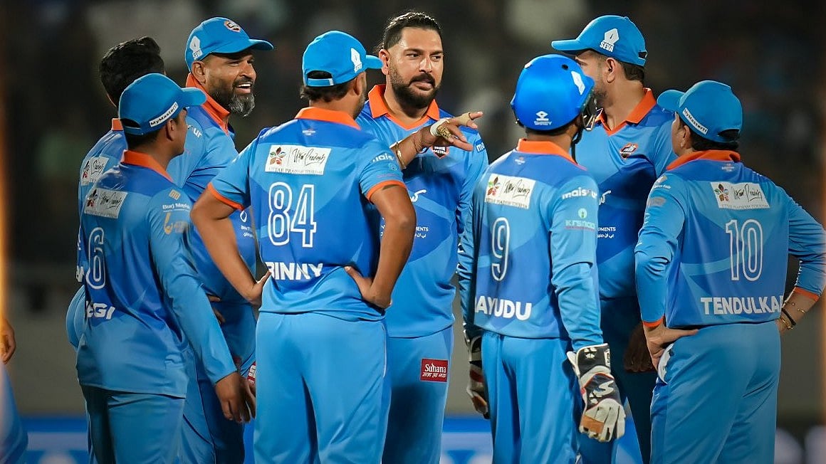 X/International Masters League : India Masters celebrate a South Africa Masters wicket in Vadodara.