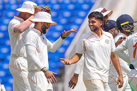Ranji Trophy final, Kerala v Vidarbha Day 3: Vidarbha's Harsh Dubey celebrates after taking the wicket of Kerala's Aditya Sarwate
