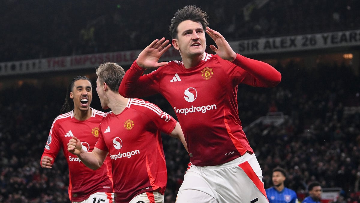 Harry Maguire celebrates a goal for Man Utd