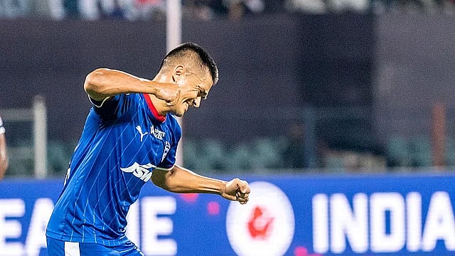 Photo: ISL : File photo of Bengaluru FC's Sunil Chhetri celebrating a goal in the Indian Super League. 