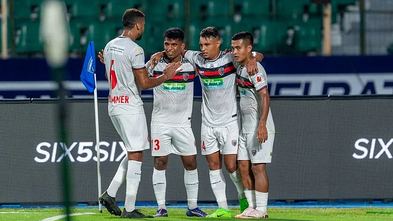 NorthEast United players celebrate a goal against Chennaiyin FC. - Photo: FSDL/ISL