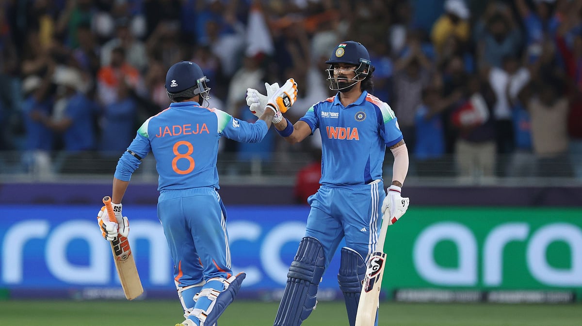 India's KL Rahul and India's Ravindra Jadeja celebrate after wining against Australia during the ICC Champions Trophy semifinal cricket match at Dubai International Cricket Stadium in Dubai. - AP Photo/Christopher Pike