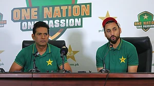 X/Pakistan Cricket : Pakistan interim head coach Aqib Javed (left) and newly appointed T20I captain Salman Ali Agha's press conference at the Gaddafi Stadium.