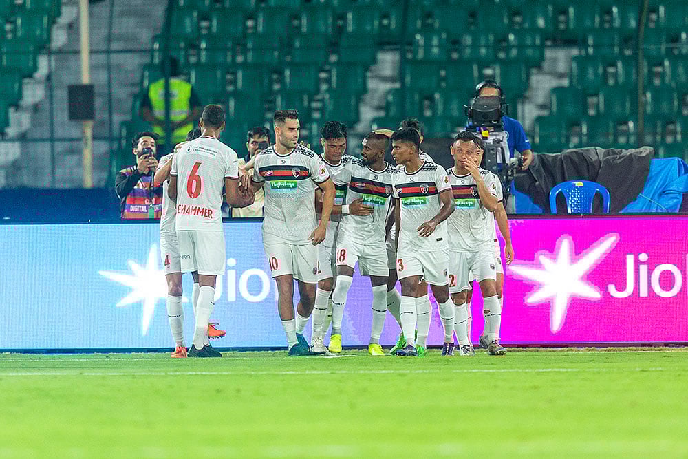 | Photo: FSDL/ISL : ISL 2024-25, NEUFC vs CFC: NorthEast United players celebrate a goal