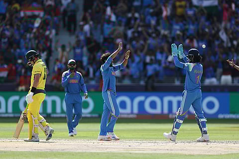 CT 2025 IND vs AUS semifinal: Ravindra Jadeja celebrates with teammates after the dismissal of Australia's Marnus Labuschagne