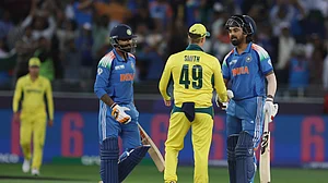AP Photo/Christopher Pike : Australia's captain Steve Smith congratulates India's KL Rahul and India's Ravindra Jadeja after Indian won during the ICC Champions Trophy semifinal cricket match between India and Australia at Dubai International Cricket Stadium in Dubai.
