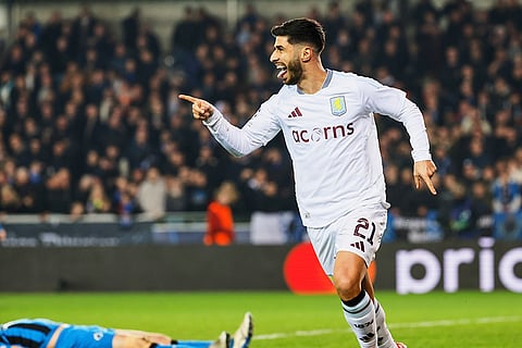UCL 2024-25 Round Of 16 First leg, Brugge vs Villa: Marco Asensio celebrates after an own goal by Brugge's Brandon Mechele