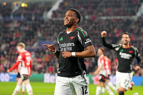 UCL 2024-25 Round Of 16 First leg, PSV vs ARS: Jurrien Timber celebrates after scoring his side's first goal