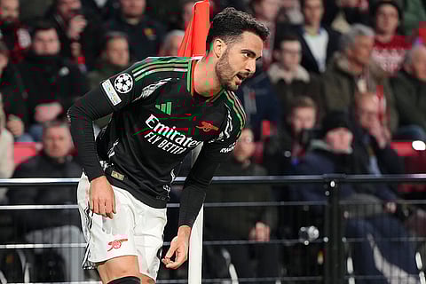 UCL 2024-25 Round Of 16 First leg, PSV vs ARS: Mikel Merino celebrates after scoring his side's third goal