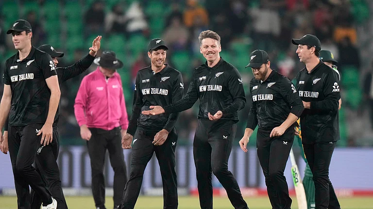 New Zealand all-rounder Michael Bracewell is doubtful for the upcoming T20I series against India due to minor calf-strain sustained during 3rd ODI in Indore. - AP Photo/Anjum Naveed