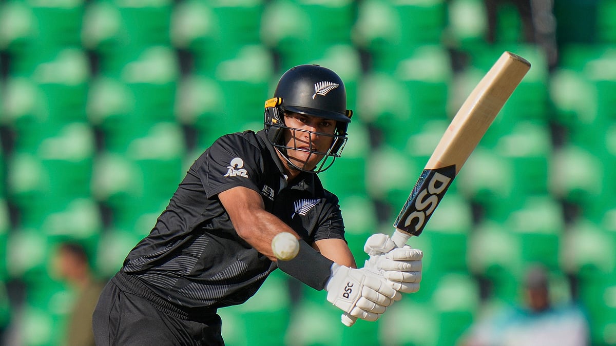 AP Photo/Anjum Naveed : New Zealand's Rachin Ravindra plays a shot during the ICC Champions Trophy semifinal cricket match between New Zealand and South Africa at Gaddafi Stadium in Lahore.