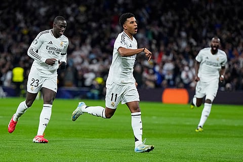 UCL 2024-25 Round Of 16 First leg, RMA vs ATM: Rodrygo, center, celebrates after scoring a goal
