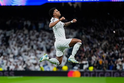 UCL 2024-25 Round Of 16 First leg, RMA vs ATM: Rodrygo celebrates after scoring his side's opening goal