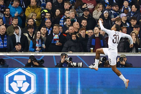 UCL 2024-25 Round Of 16 First leg, Brugge vs Villa: Leon Bailey celebrates after scoring the opening goal