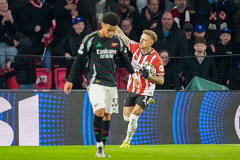 UCL 2024-25 Round Of 16 First leg, PSV vs ARS: PSV's Noa Lang celebrates after scoring his side's first goal