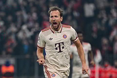 UCL round of 16 first leg, FCB vs Bayer 04: Munich's Harry Kane celebrates after scoring the opening goal