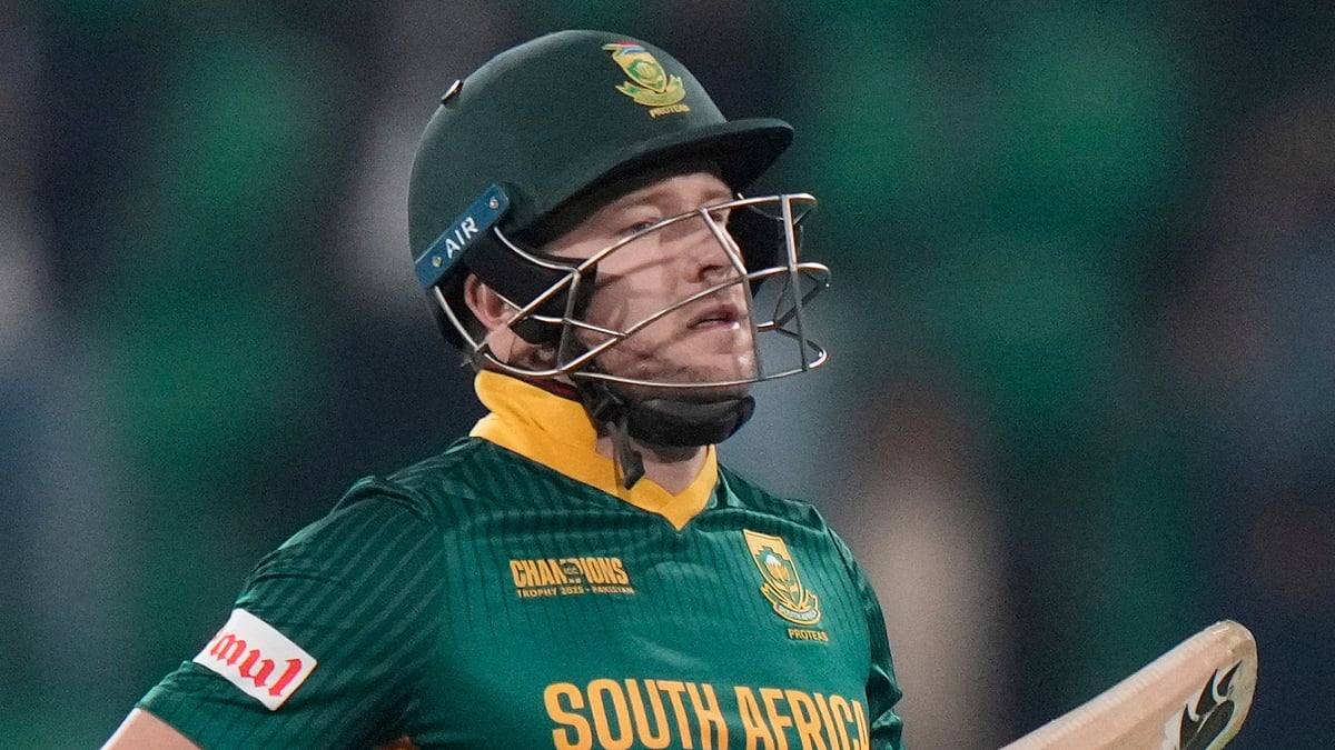  (AP/PTI Photo) : South Africa's David Miller celebrates after scoring a century during the ICC Champions Trophy semifinal cricket match between New Zealand and South Africa at Gaddafi Stadium in Lahore, Pakistan, Wednesday, March 5, 2025.