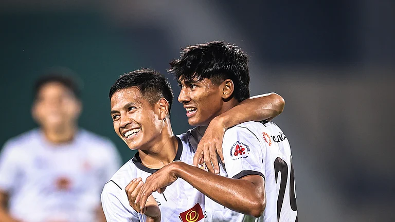 Punjab FC players celebrating a goal against Hyderabad FC in the ISL 2024-25. - Photo: X | Punjab FC