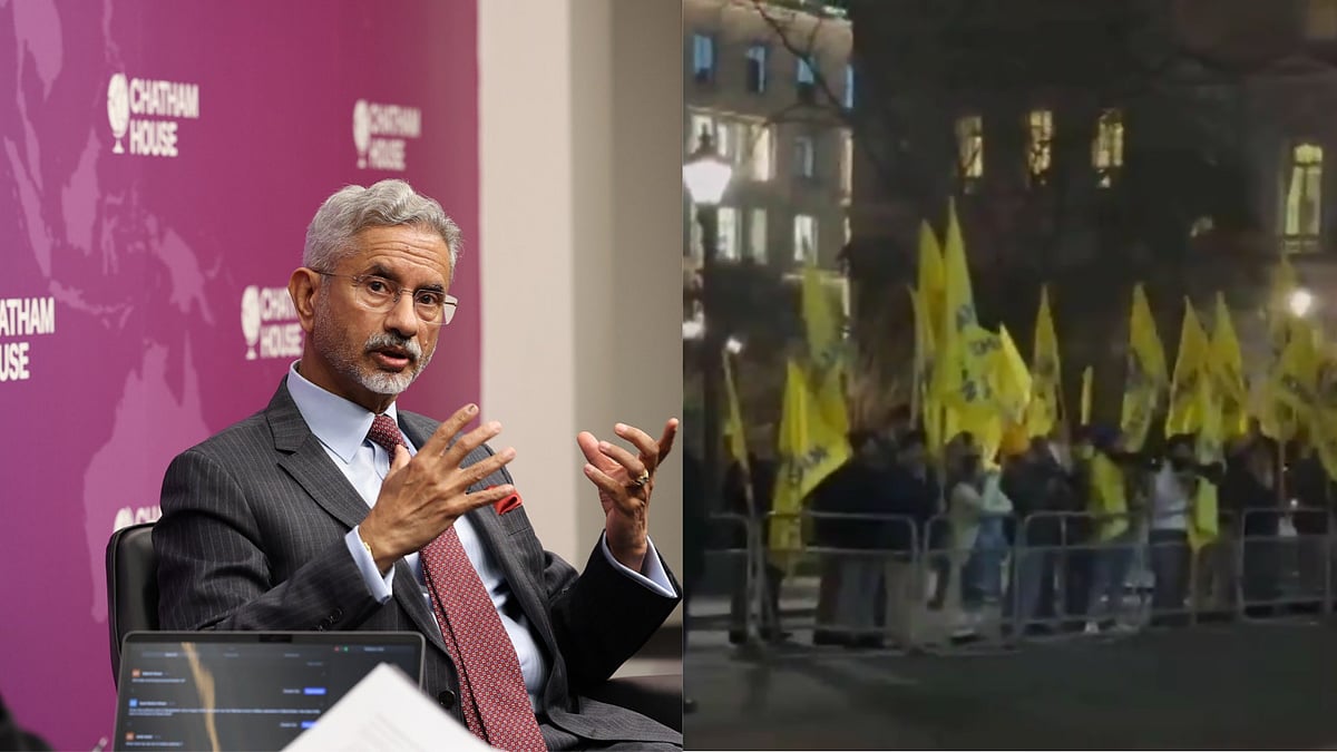 | Photo: (L)S Jaishankar On X/ (R) ANI  : Khalistan Extremists Attempt To Attack EAM Jaishankar During London Visit; Tear Indian Flag 